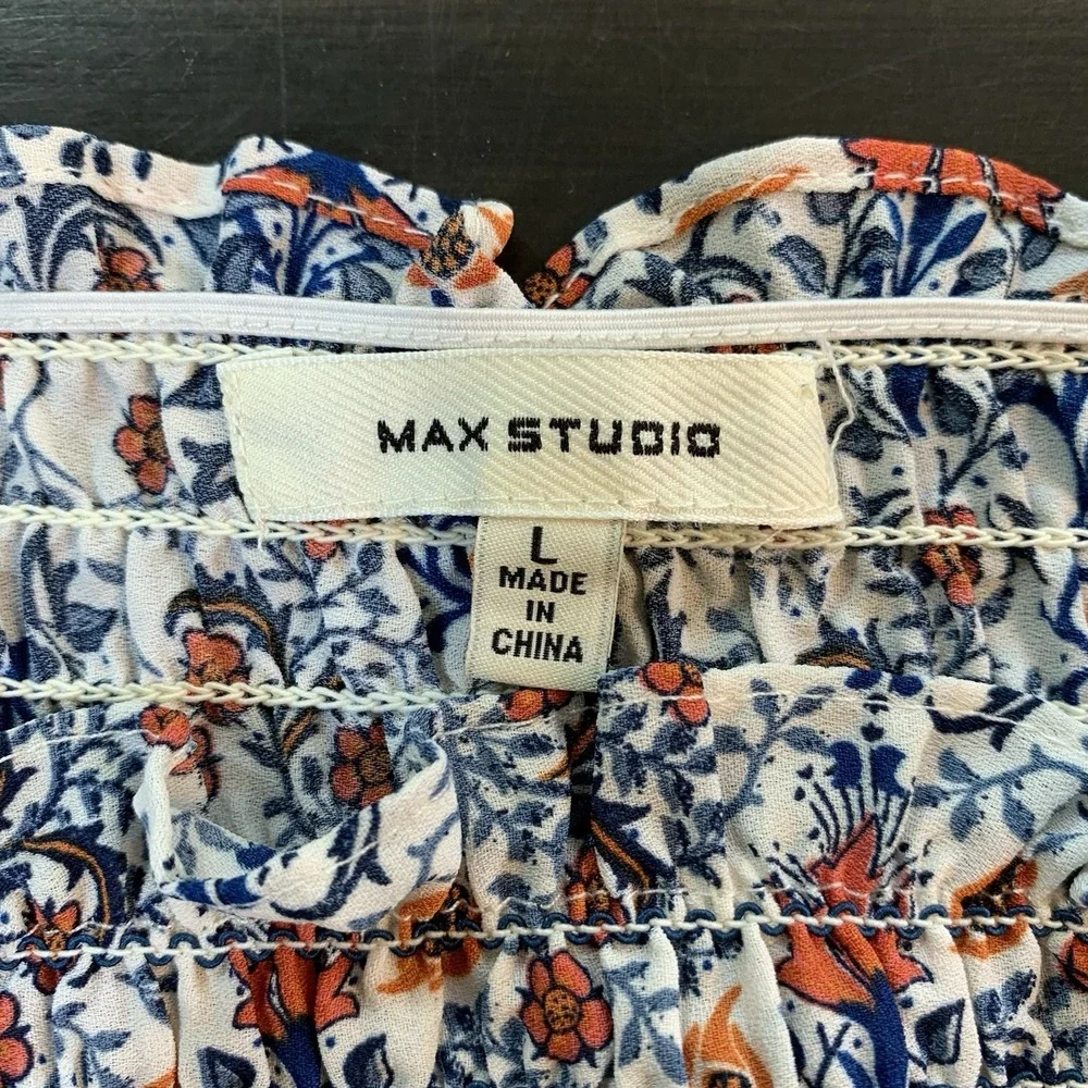 Max‎ Studio Prairie Dress Floral Puff Sleeve Square Neck Smocked A-Line Large